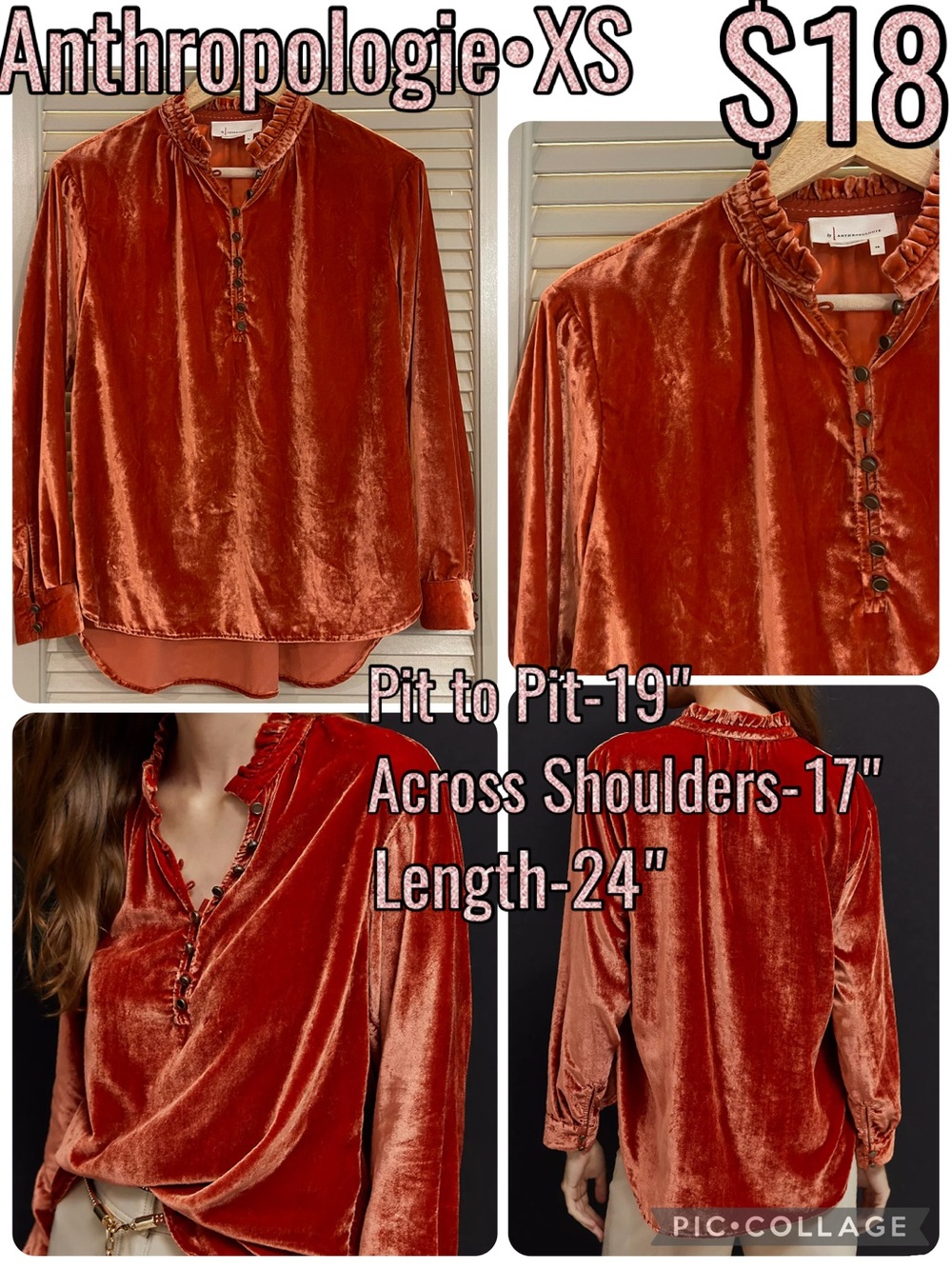 Anthropologie Rust Velvet Ruffle-Neck Button Front Blouse